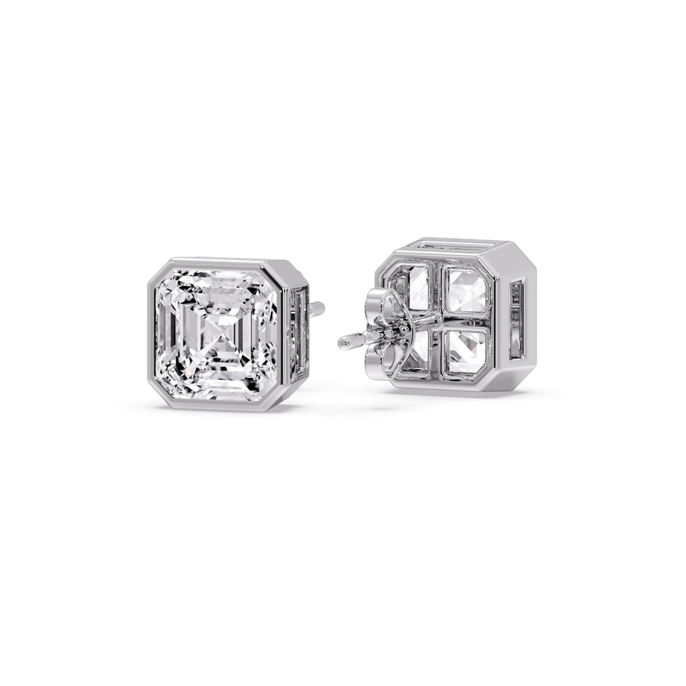 Asscher Cut Diamond Bezel Stud Earring 5 Carat with 14K White Gold White Diamond