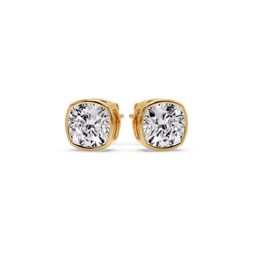 Bezel Stud Earring 3 Carat Cushion Diamond with 14K Yellow Gold White Diamond