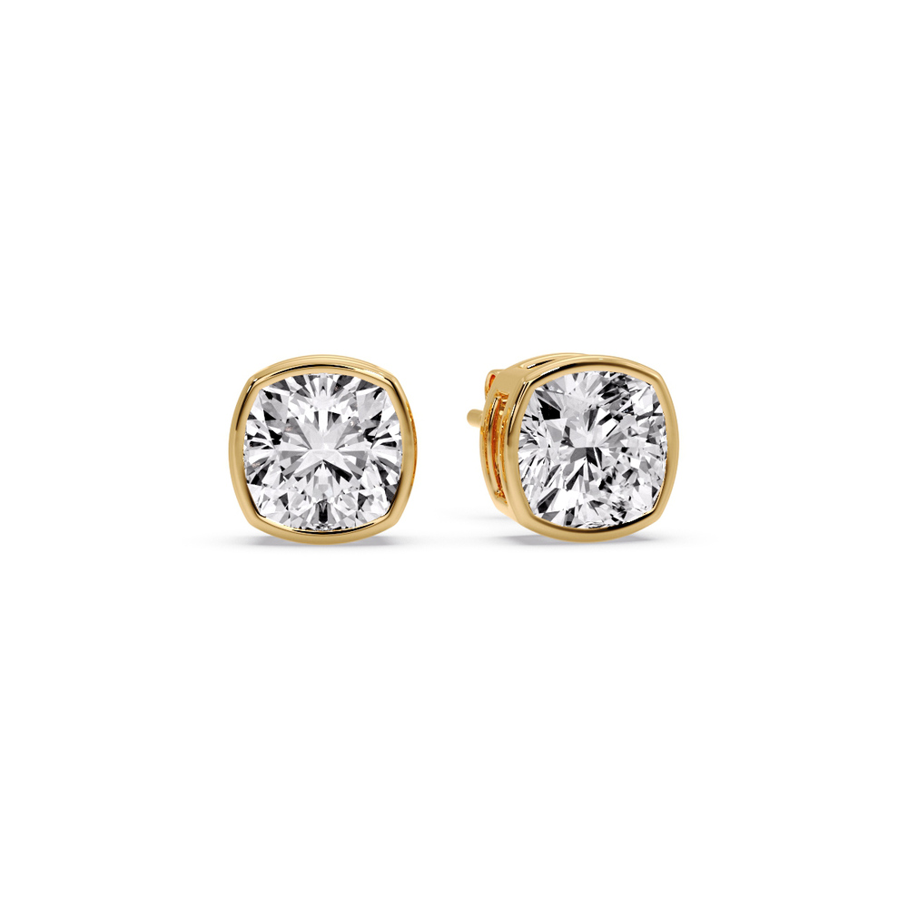 Bezel Stud Earring 3 Carat Cushion Diamond with 14K Yellow Gold White Diamond