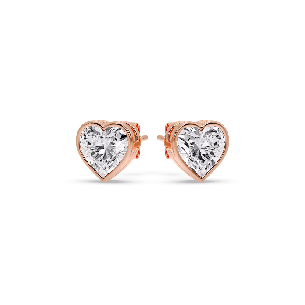 Bezel Stud Earring 3 Carat Heart Diamond with 14K Rose Gold White Diamond