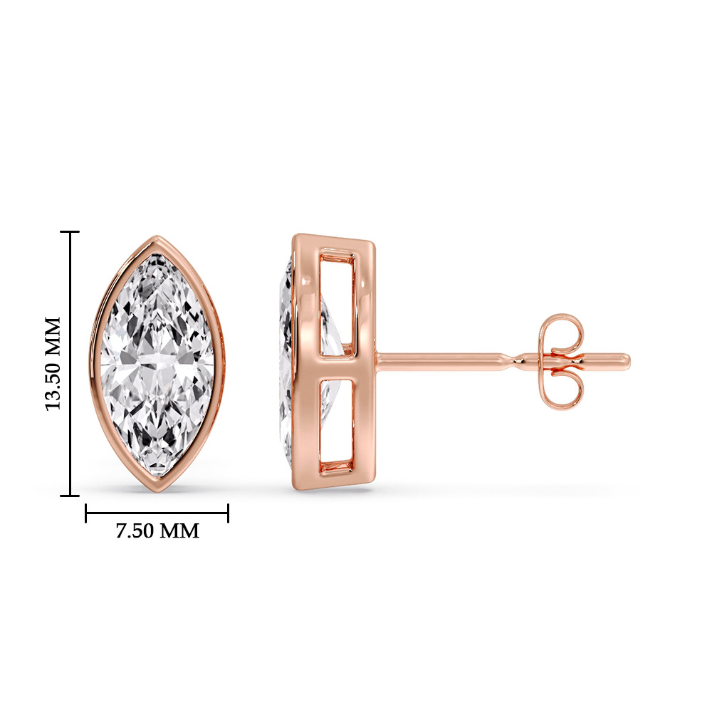 Bezel Stud Earring 3 Carat Marquise Diamond with 14K Rose Gold White Diamond