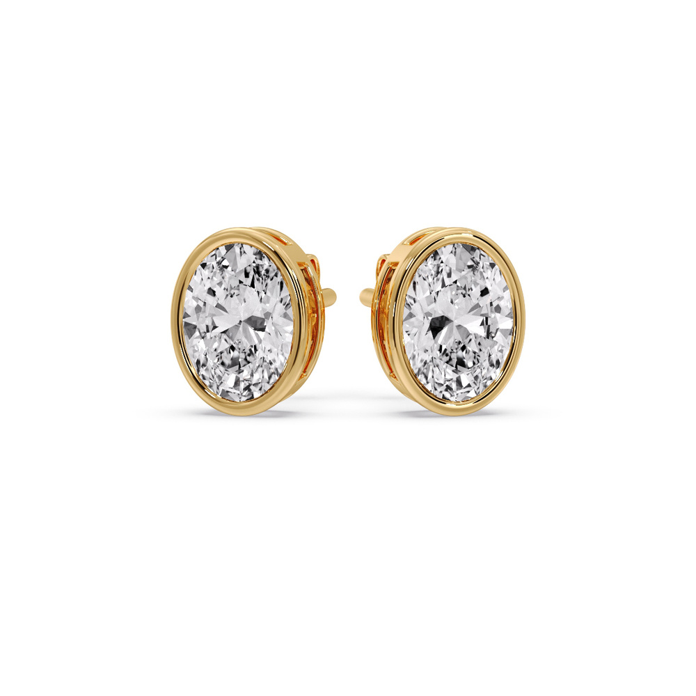 Bezel Stud Earring 3 Carat Oval Diamond with 14K Yellow Gold White Diamond