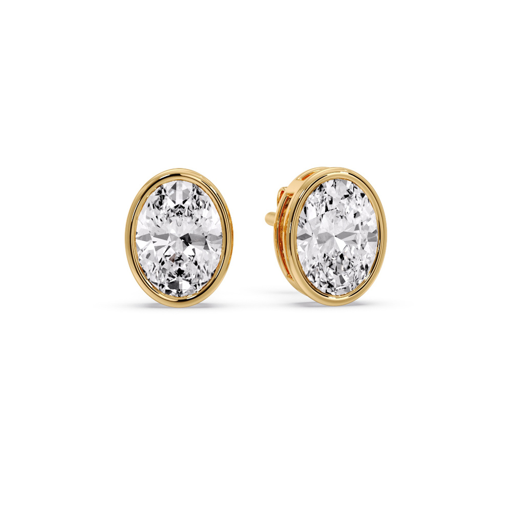 Bezel Stud Earring 3 Carat Oval Diamond with 14K Yellow Gold White Diamond