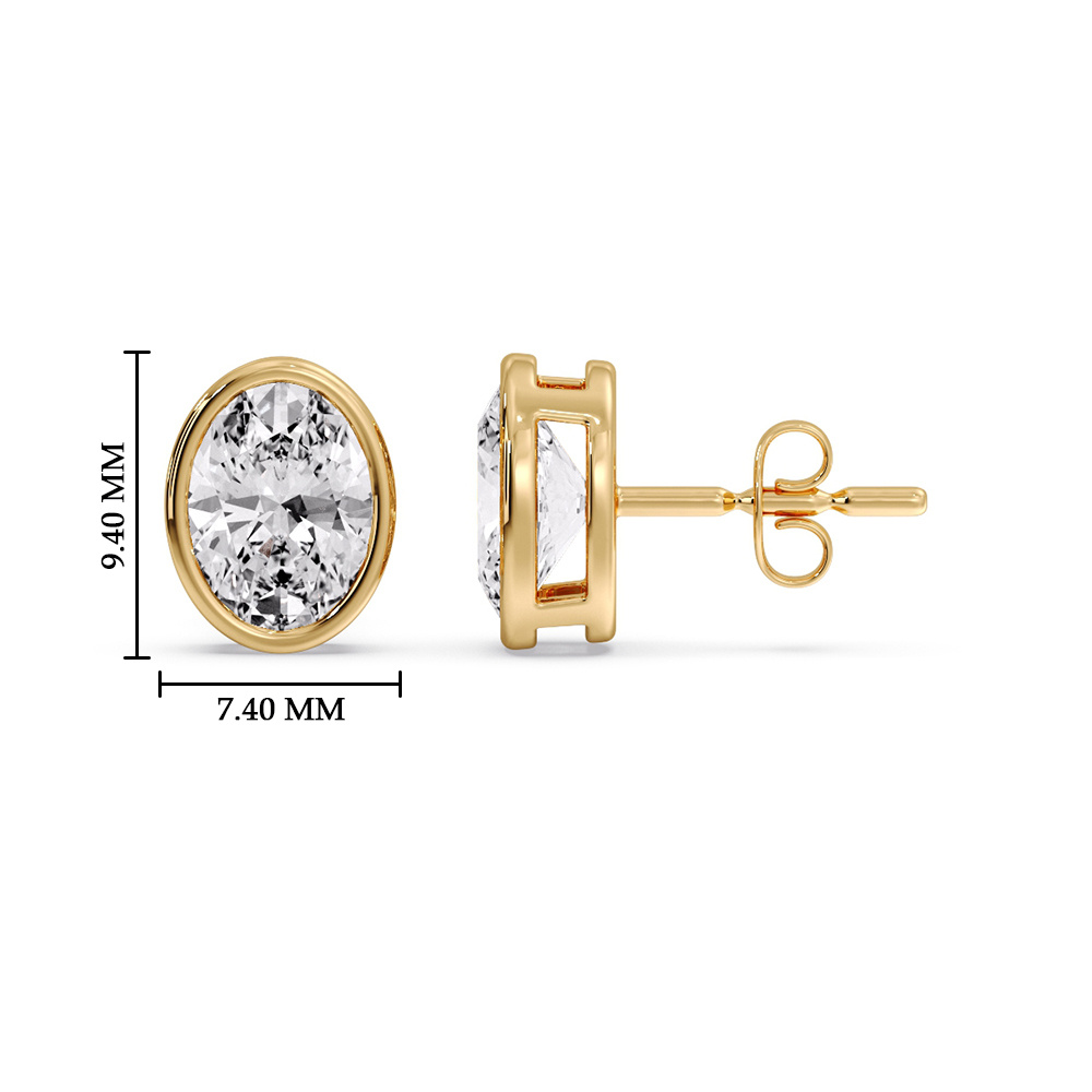 Bezel Stud Earring 3 Carat Oval Diamond with 14K Yellow Gold White Diamond
