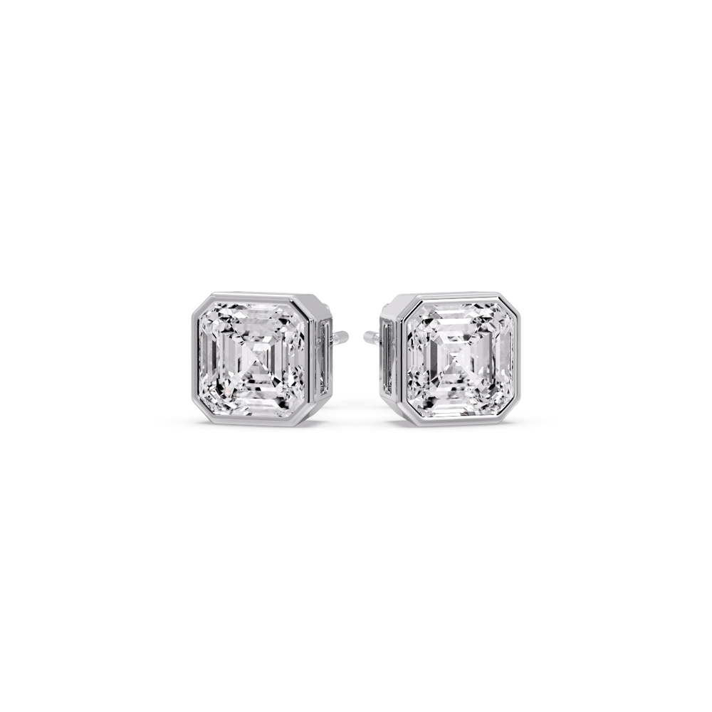 Bezel Stud Earring Asscher Cut Diamond 2 Carat with 14K White Gold White Diamond