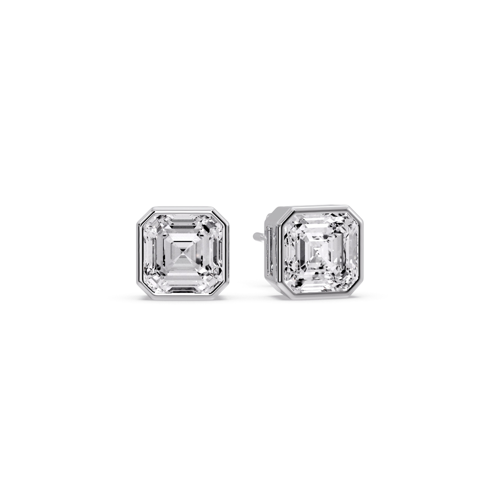 Bezel Stud Earring Asscher Cut Diamond 2 Carat with 14K White Gold White Diamond