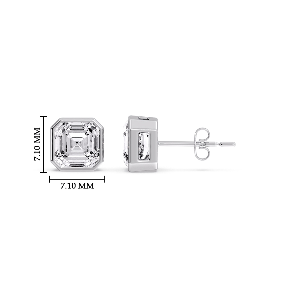 Bezel Stud Earring Asscher Cut Diamond 2 Carat with 14K White Gold White Diamond