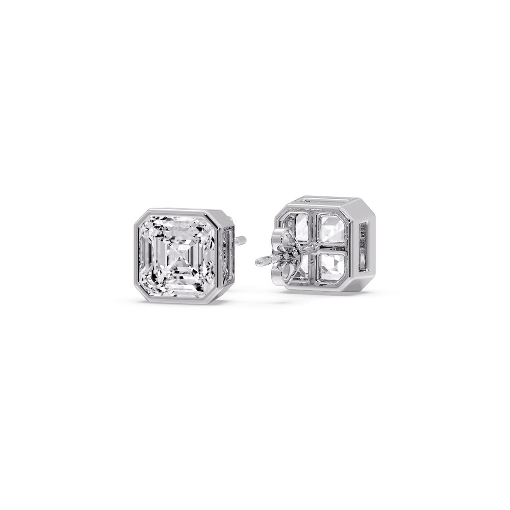 Bezel Stud Earring Asscher Cut Diamond 2 Carat with 14K White Gold White Diamond