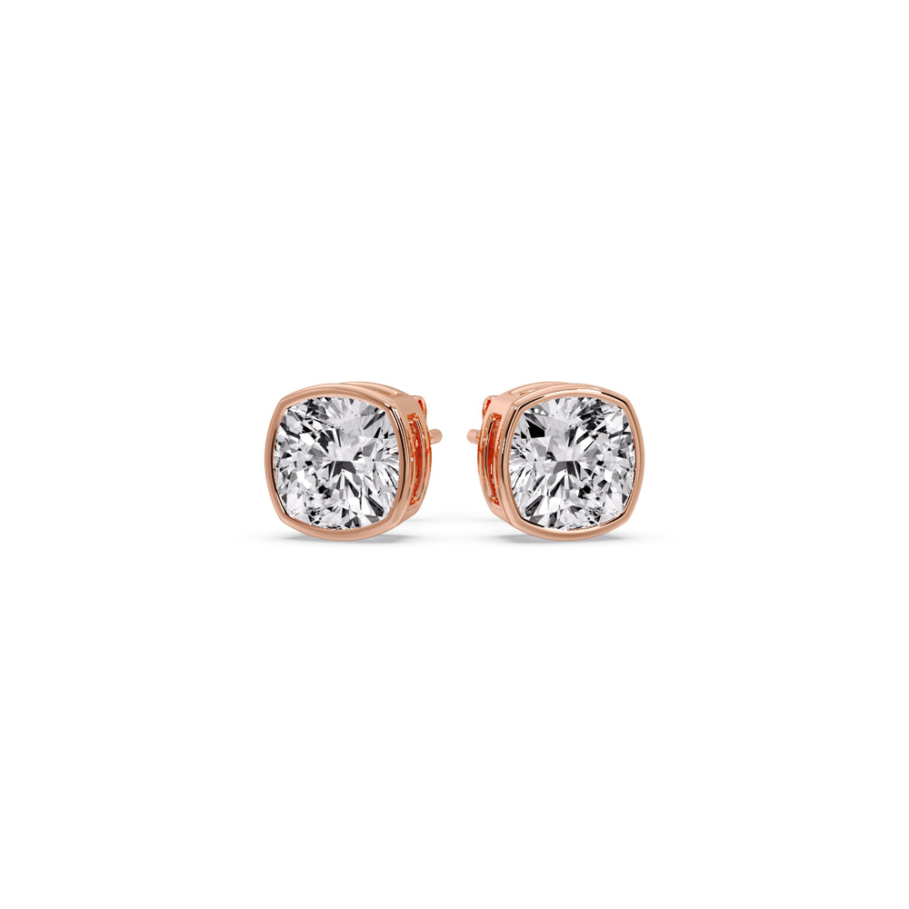 Bezel Stud Earring One Carat Cushion Diamond with 14K Rose Gold White Diamond
