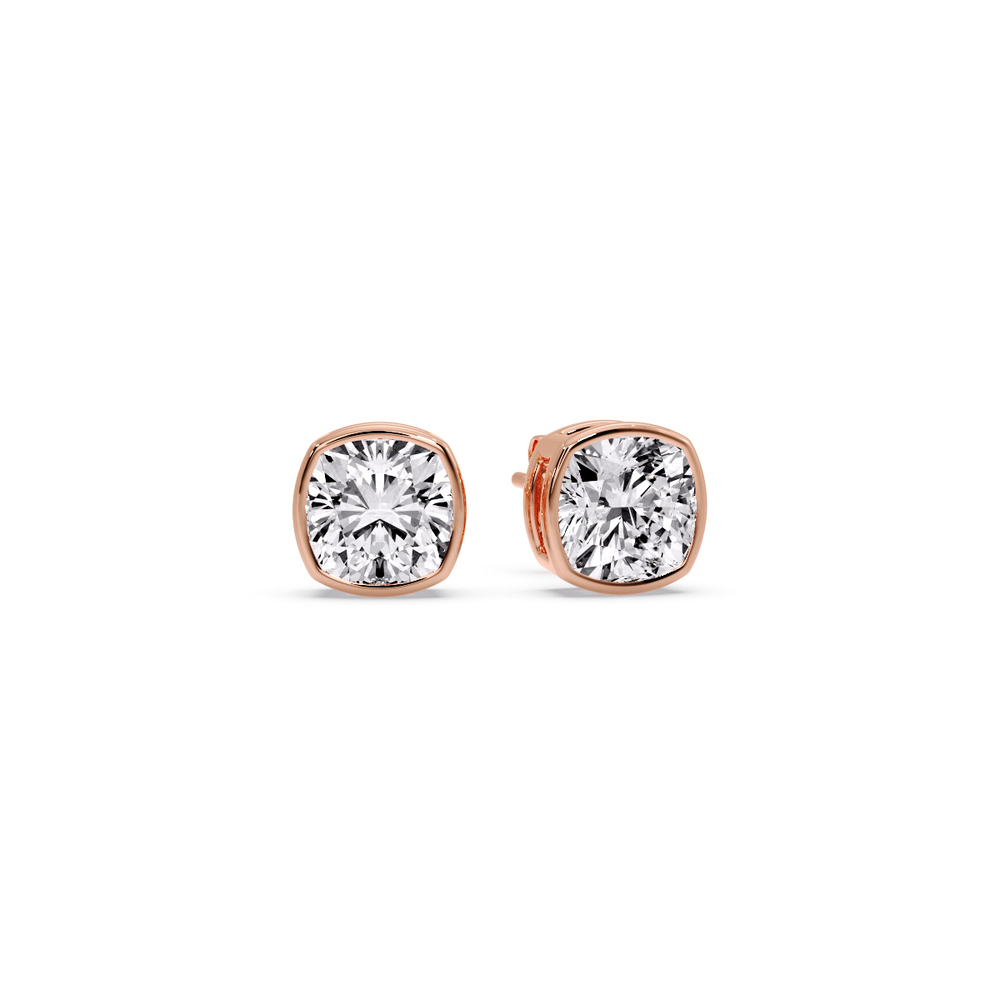 Bezel Stud Earring One Carat Cushion Diamond with 14K Rose Gold White Diamond