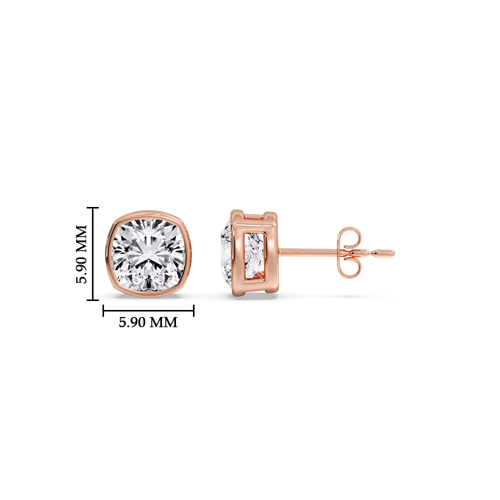 Bezel Stud Earring One Carat Cushion Diamond with 14K Rose Gold White Diamond