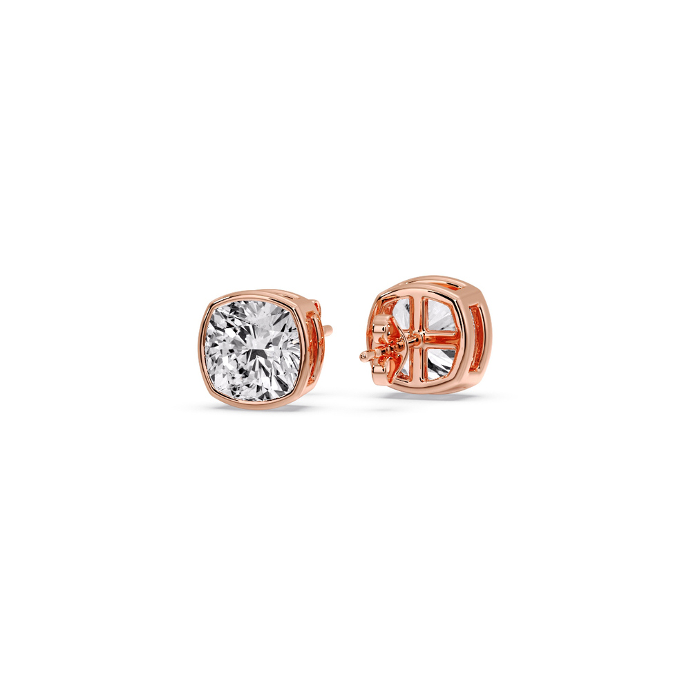Bezel Stud Earring One Carat Cushion Diamond with 14K Rose Gold White Diamond