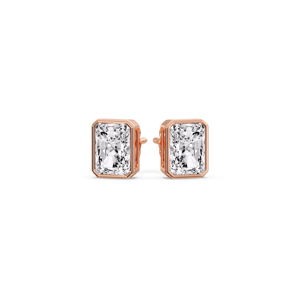Bezel Stud Earring Radiant Cut Diamond with 14K Rose Gold White Diamond