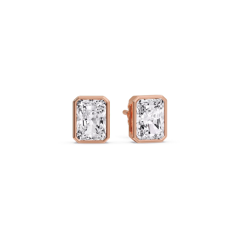 Bezel Stud Earring Radiant Cut Diamond with 14K Rose Gold White Diamond