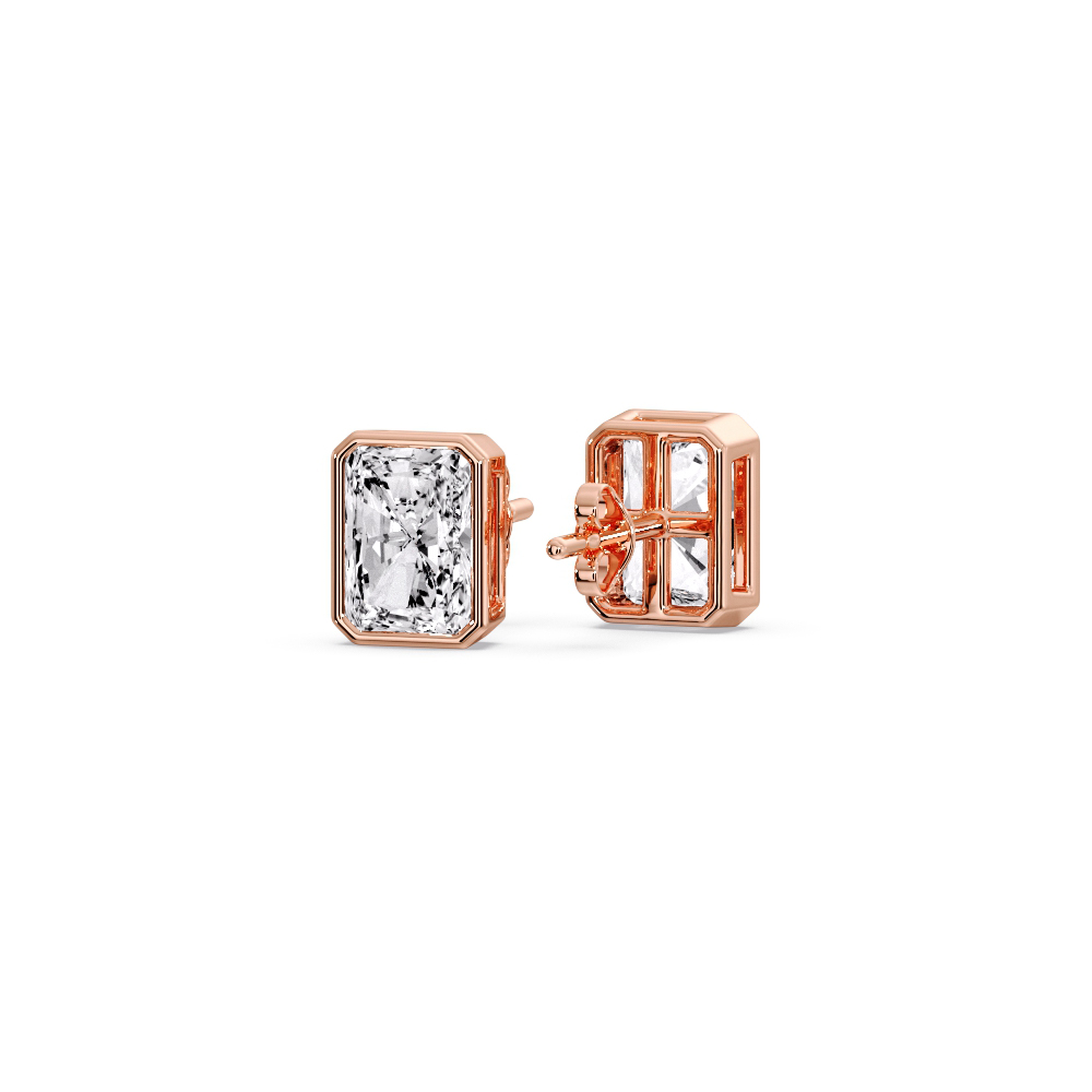 Bezel Stud Earring Radiant Cut Diamond with 14K Rose Gold White Diamond
