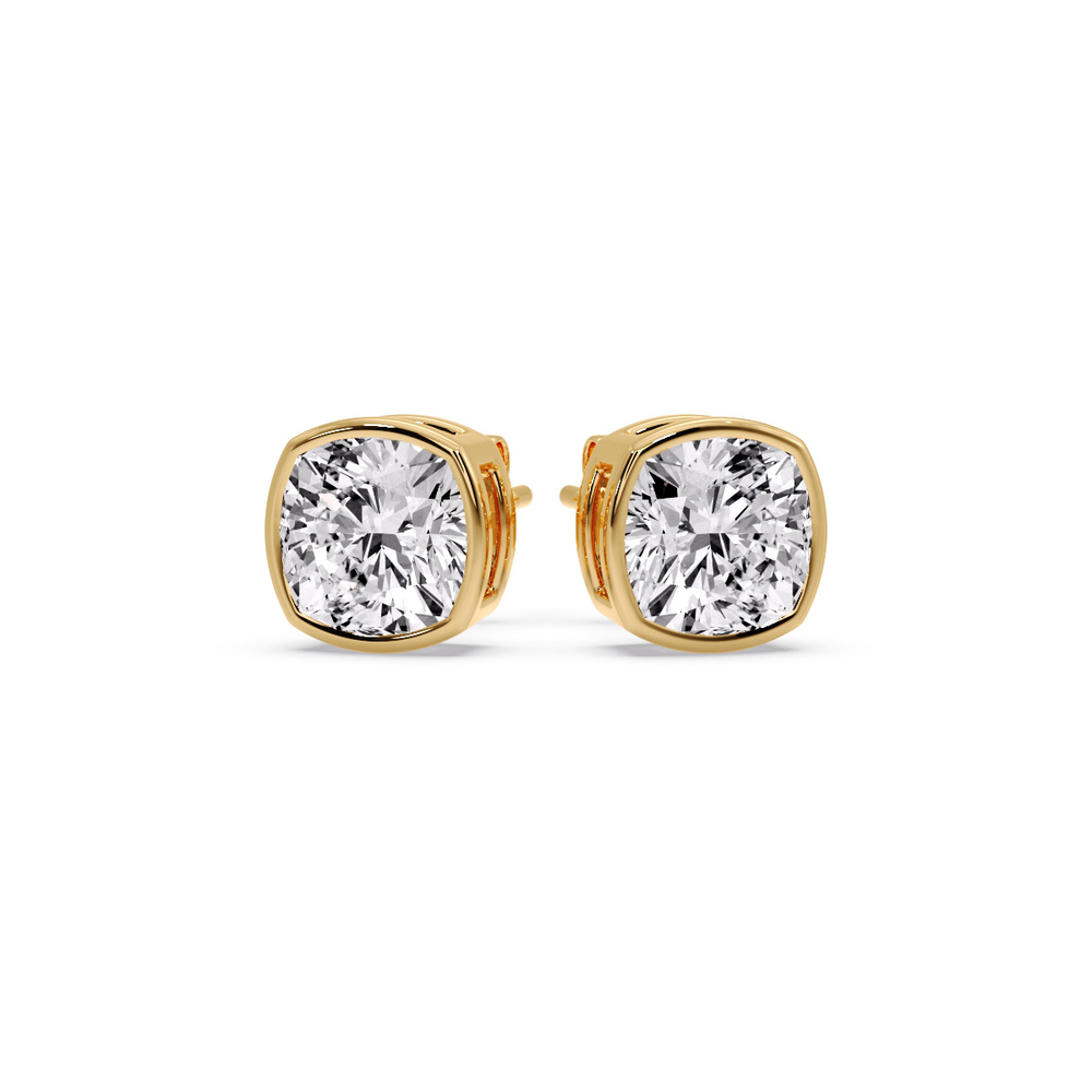Cushion Diamond Bezel Stud Earring 4 Carat with 14K Yellow Gold White Diamond