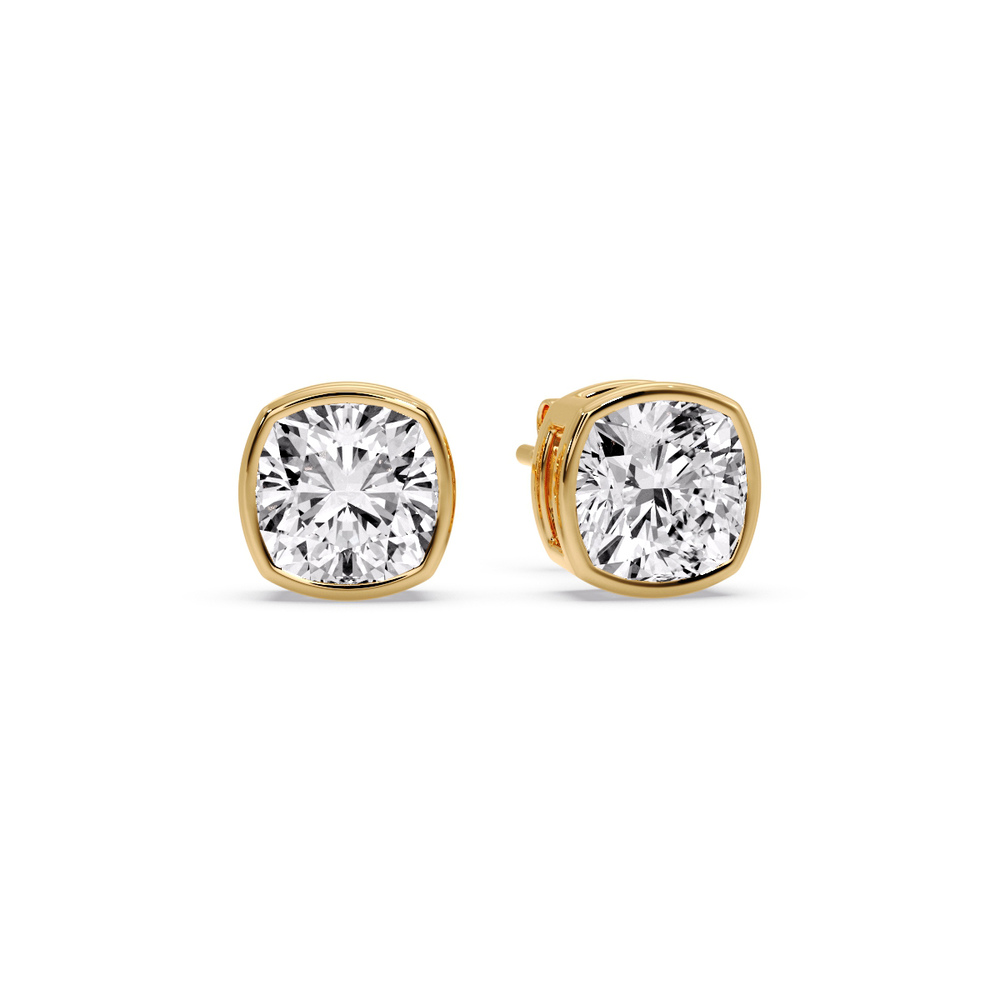 Cushion Diamond Bezel Stud Earring 4 Carat with 14K Yellow Gold White Diamond