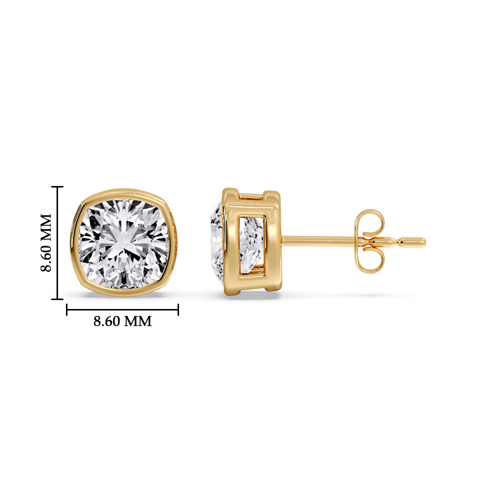 Cushion Diamond Bezel Stud Earring 4 Carat with 14K Yellow Gold White Diamond