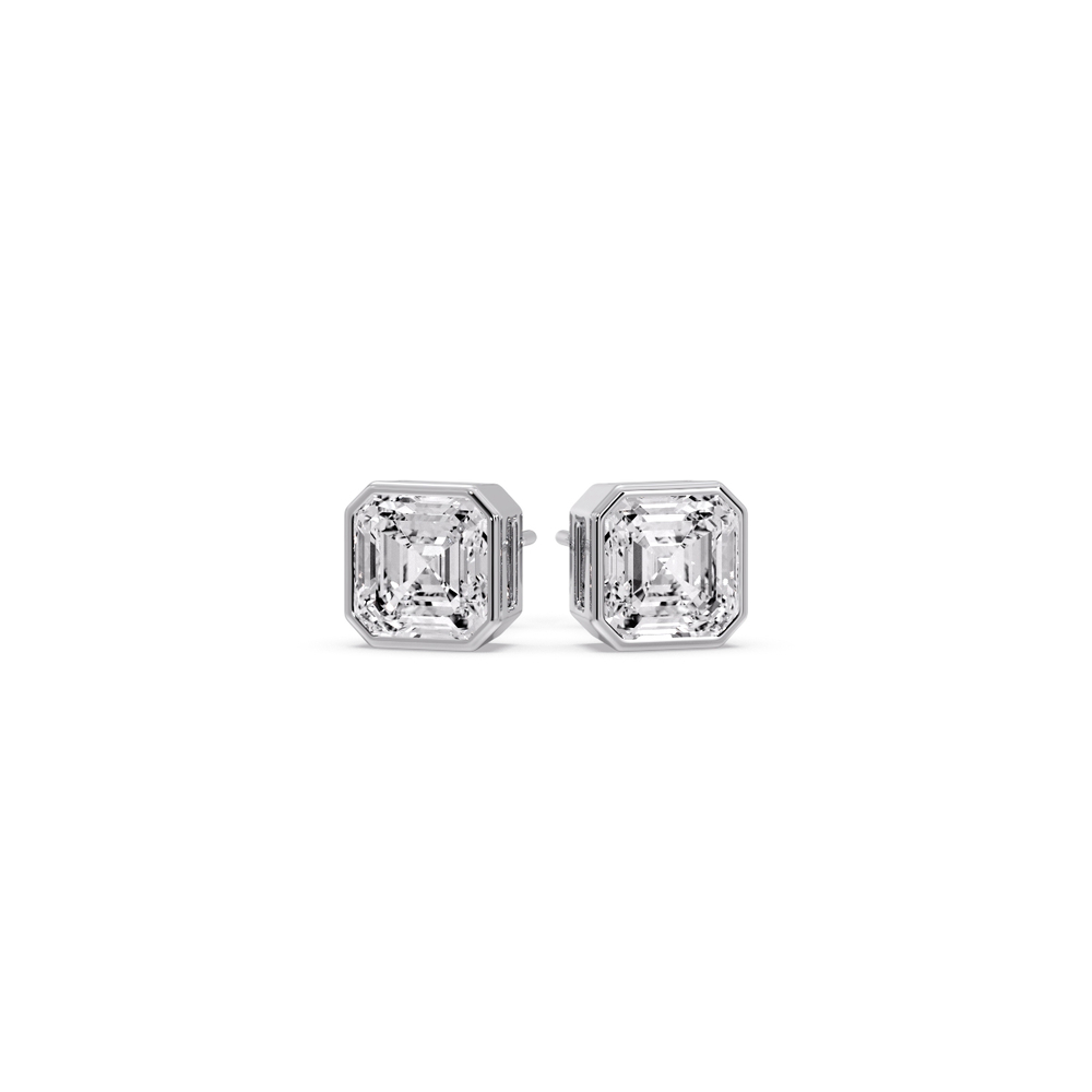 Diamond Bezel Stud Earring 0.75 Carat Asscher Cut with 14K White Gold White Diamond