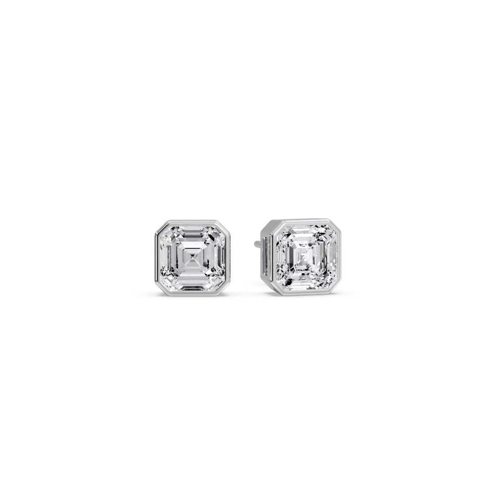 Diamond Bezel Stud Earring 0.75 Carat Asscher Cut with 14K White Gold White Diamond
