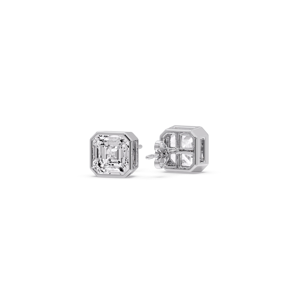 Diamond Bezel Stud Earring 0.75 Carat Asscher Cut with 14K White Gold White Diamond