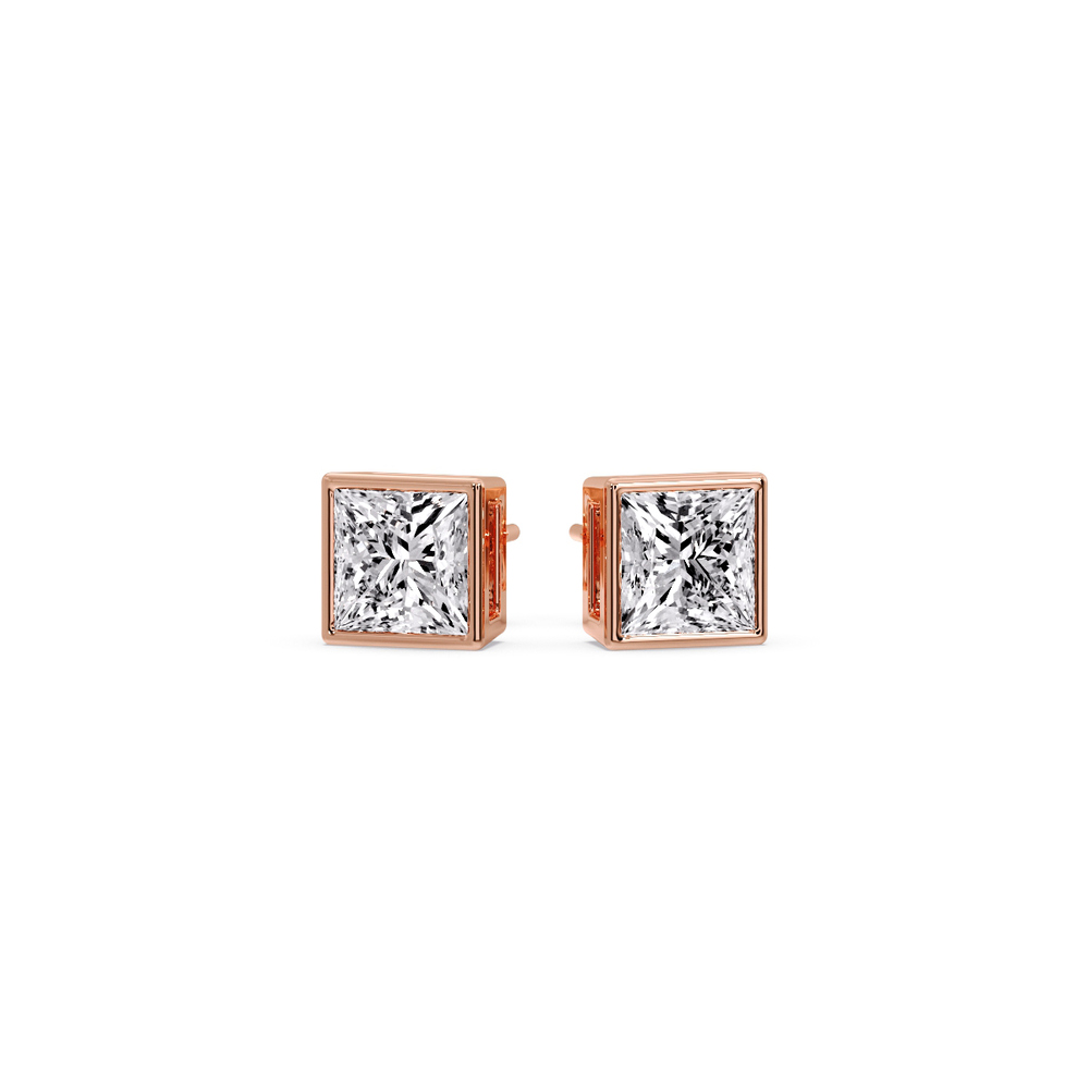 Perfect Princess Cut Bezel Studs with 14K Rose Gold White Diamond