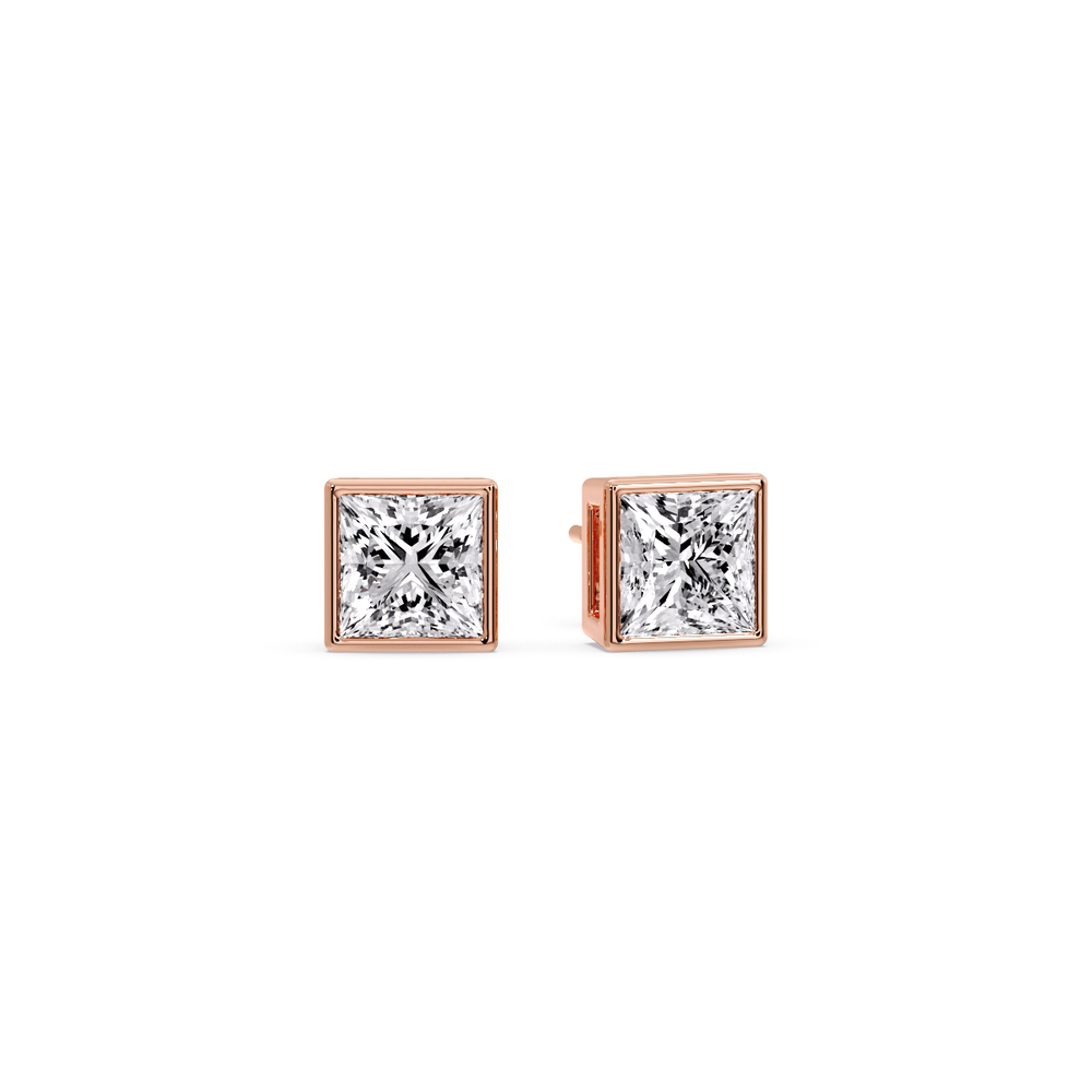 Perfect Princess Cut Bezel Studs with 14K Rose Gold White Diamond