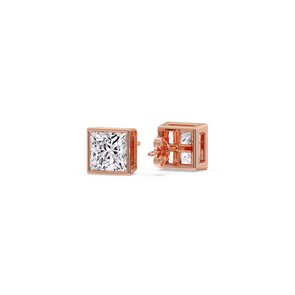 Perfect Princess Cut Bezel Studs with 14K Rose Gold White Diamond