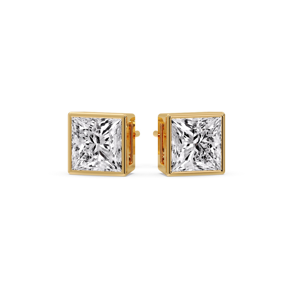 Square Diamond Bezel Studs with 14K Yellow Gold White Diamond