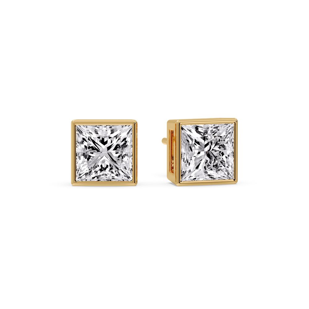 Square Diamond Bezel Studs with 14K Yellow Gold White Diamond