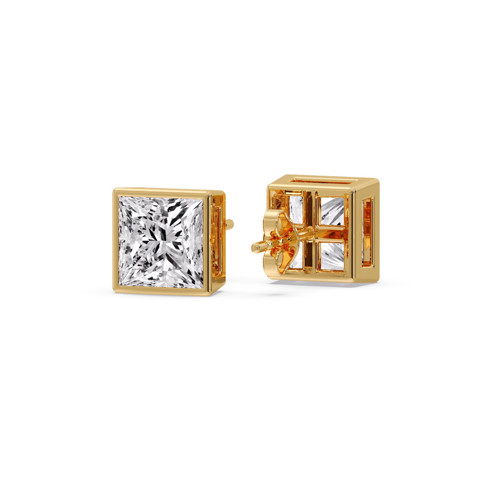 Square Diamond Bezel Studs with 14K Yellow Gold White Diamond