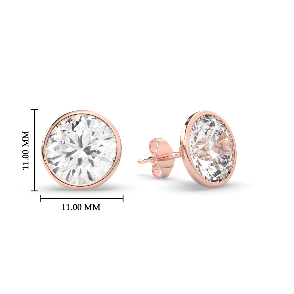 Eight Carat Round Stud Bezel Set Diamond Earring with 14K Rose Gold White Diamond