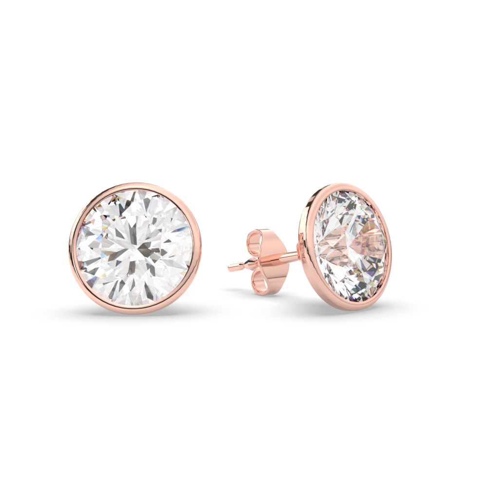 Eight Carat Round Stud Bezel Set Diamond Earring with 14K Rose Gold White Diamond