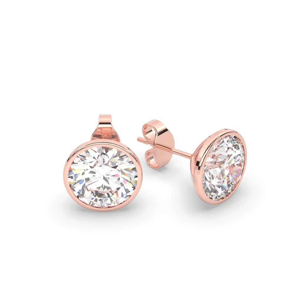 Eight Carat Round Stud Bezel Set Diamond Earring with 14K Rose Gold White Diamond