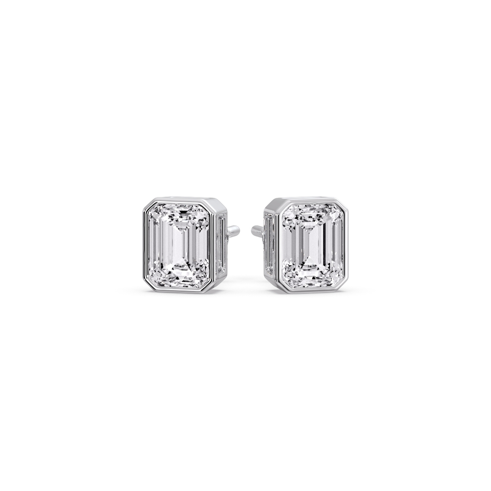 Emerald Diamond Bezel Stud Earring 0.75 Carat with 14K White Gold White Diamond