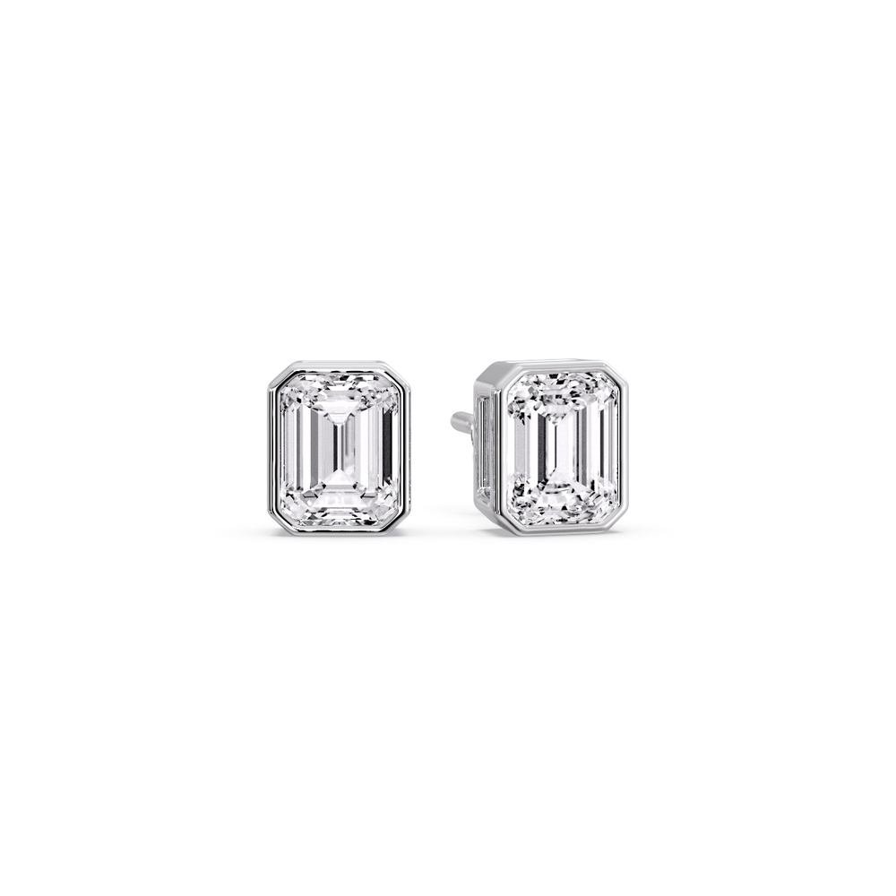 Emerald Diamond Bezel Stud Earring 0.75 Carat with 14K White Gold White Diamond