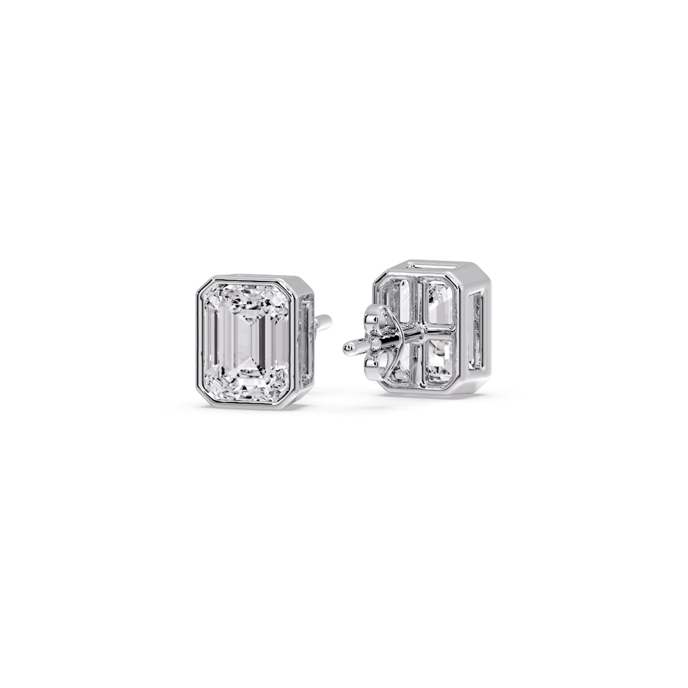 Emerald Diamond Bezel Stud Earring 0.75 Carat with 14K White Gold White Diamond