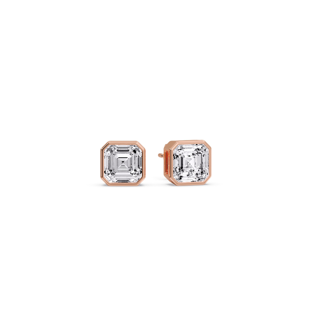 Half Carat Asscher Diamond Bezel Stud Earring with 14K Rose Gold White Diamond