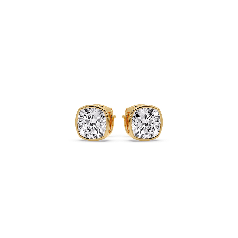 Half Carat Bezel Stud Earring Cushion Diamond with 14K Yellow Gold White Diamond