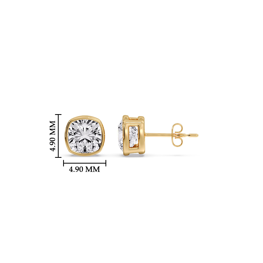 Half Carat Bezel Stud Earring Cushion Diamond with 14K Yellow Gold White Diamond
