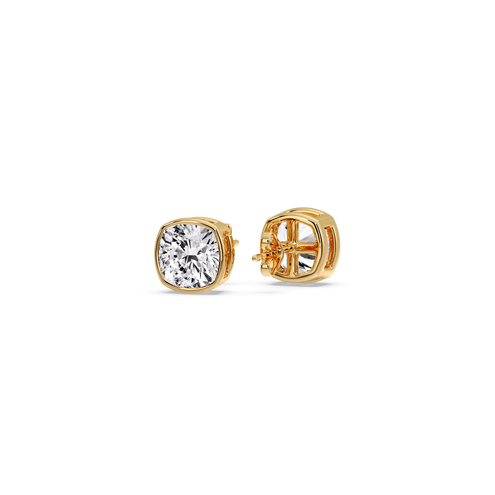 Half Carat Bezel Stud Earring Cushion Diamond with 14K Yellow Gold White Diamond