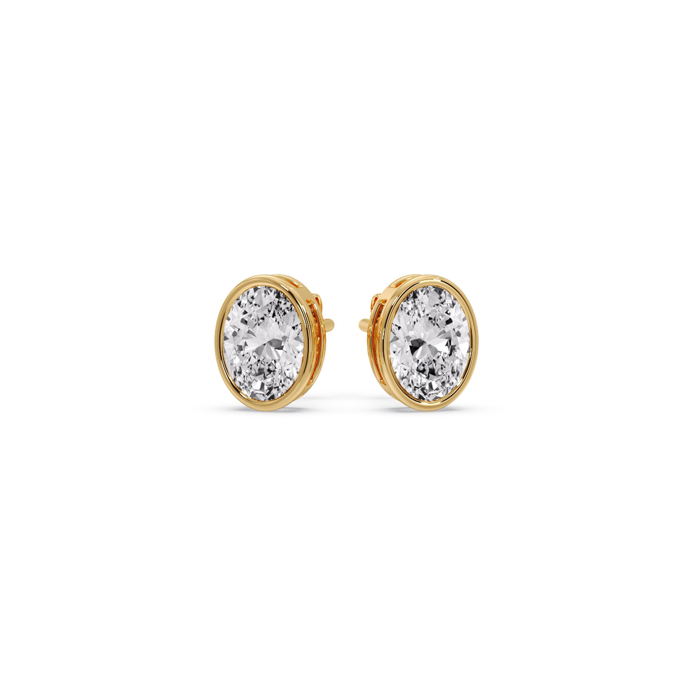 Half Carat Bezel Stud Earring Oval Diamond with 14K Yellow Gold White Diamond