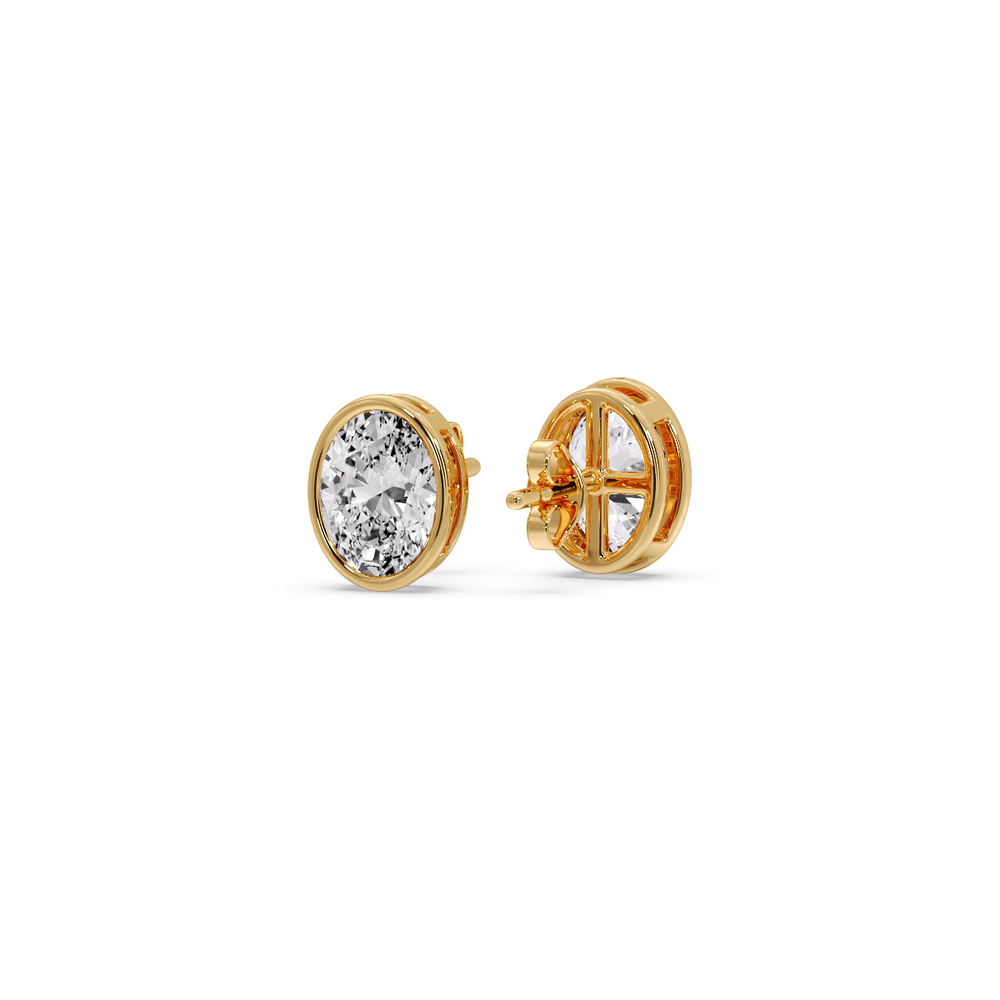 Half Carat Bezel Stud Earring Oval Diamond with 14K Yellow Gold White Diamond