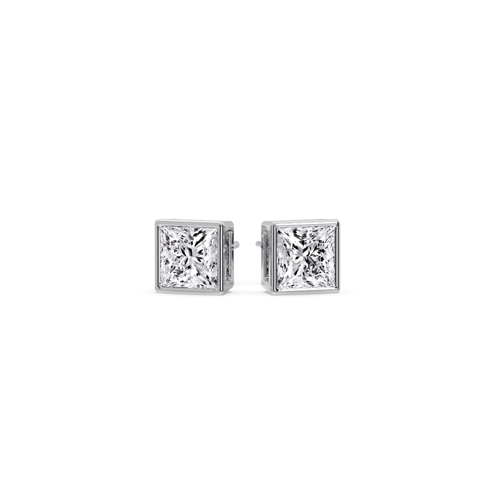 Minimalist Princess Bezel Earrings with 14K White Gold White Diamond