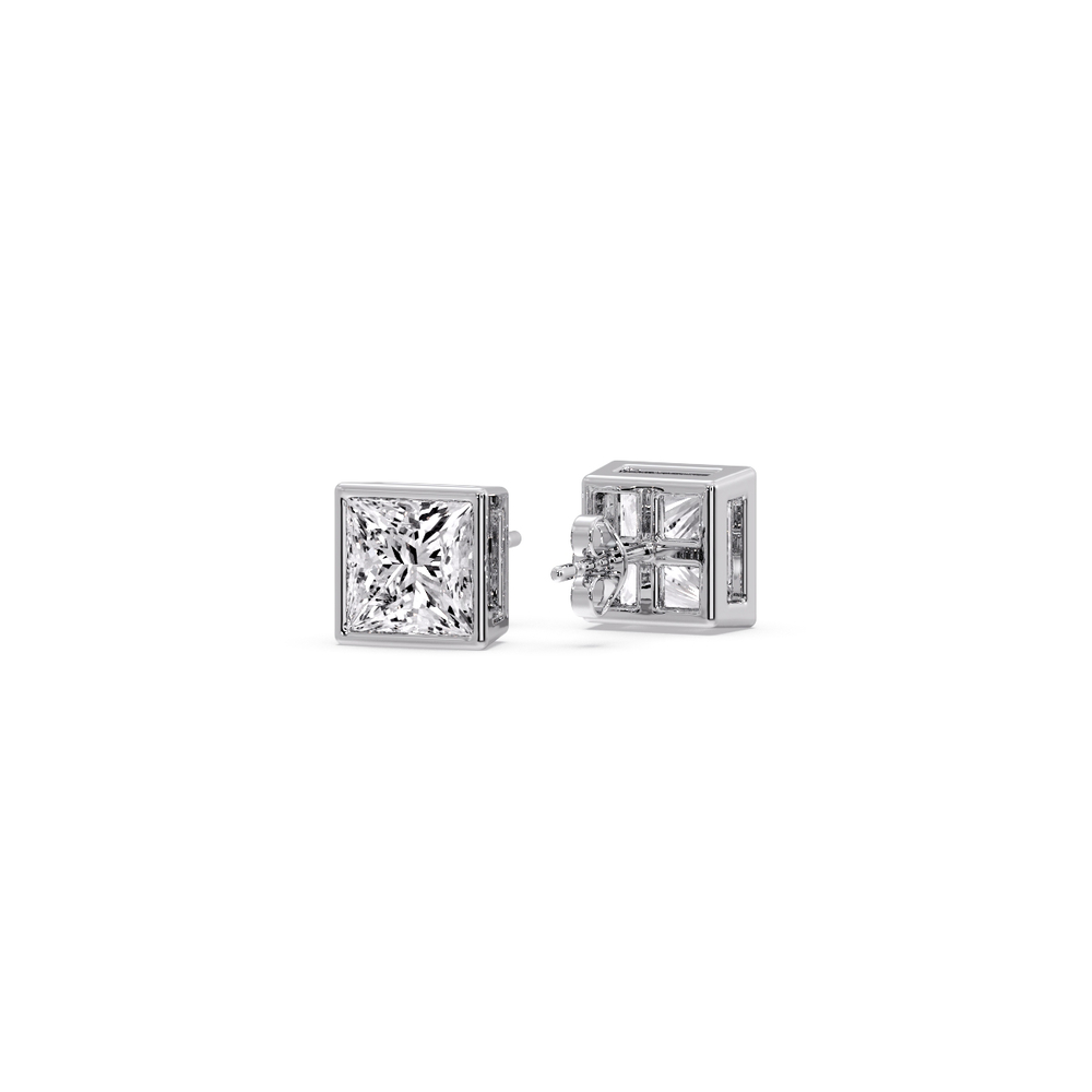 Minimalist Princess Bezel Earrings with 14K White Gold White Diamond
