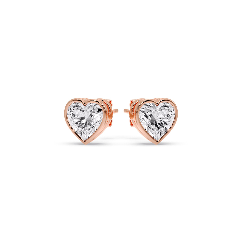2 Carat Bezel Stud Earring Heart Diamond with 14K Rose Gold White Diamond