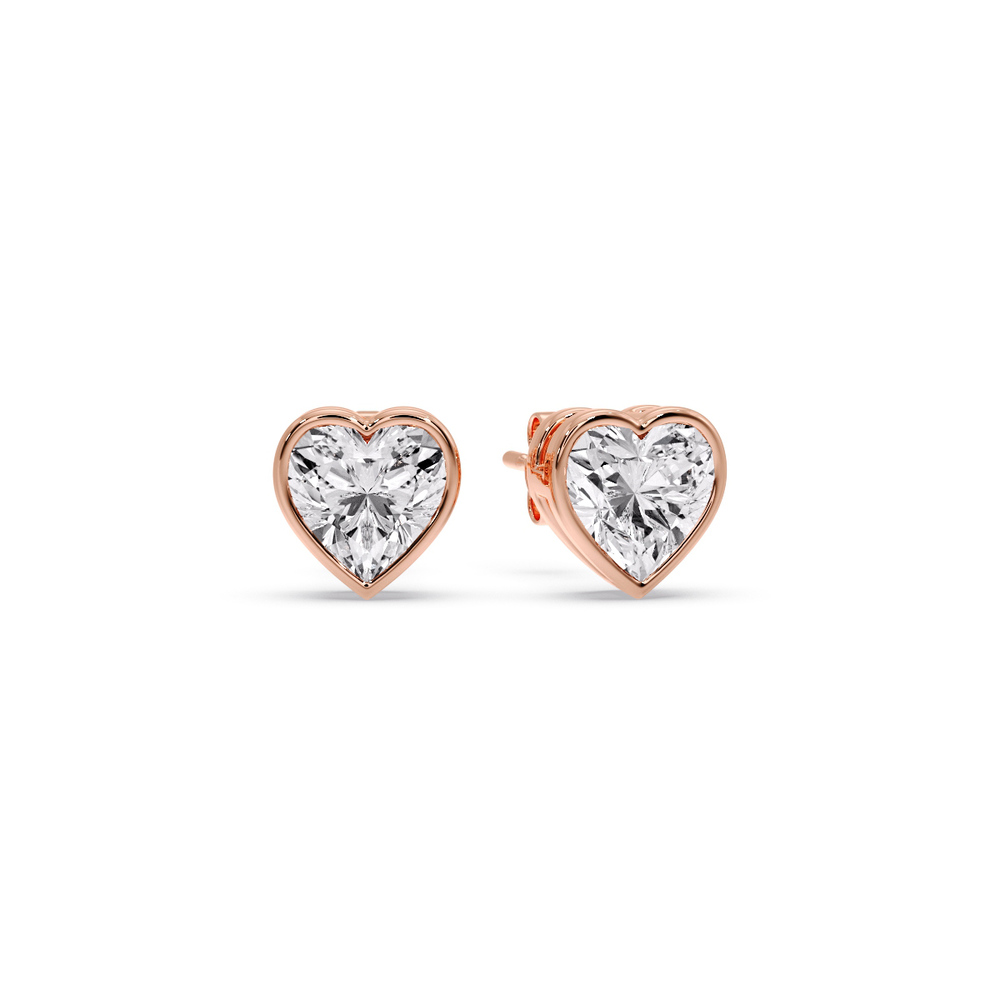 2 Carat Bezel Stud Earring Heart Diamond with 14K Rose Gold White Diamond