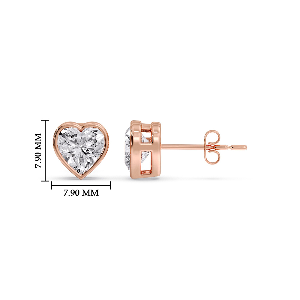 2 Carat Bezel Stud Earring Heart Diamond with 14K Rose Gold White Diamond