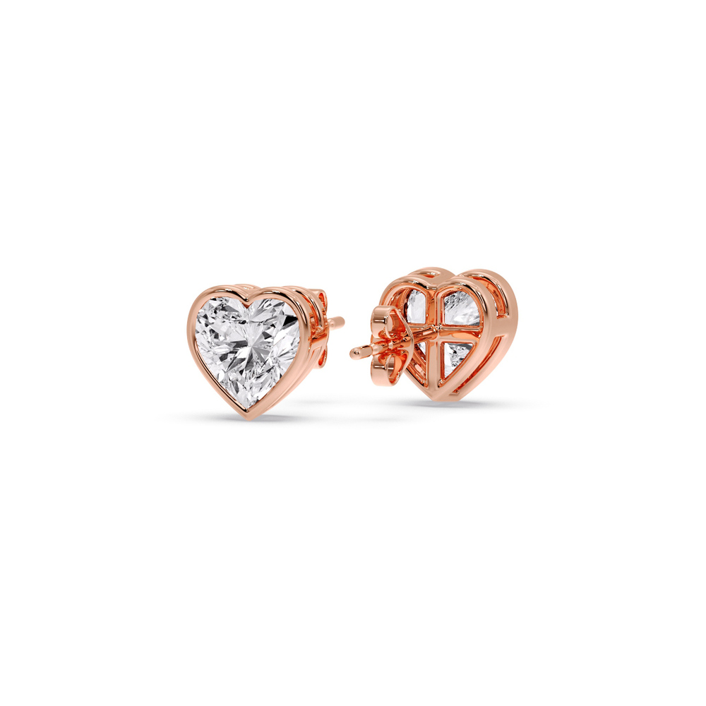 2 Carat Bezel Stud Earring Heart Diamond with 14K Rose Gold White Diamond