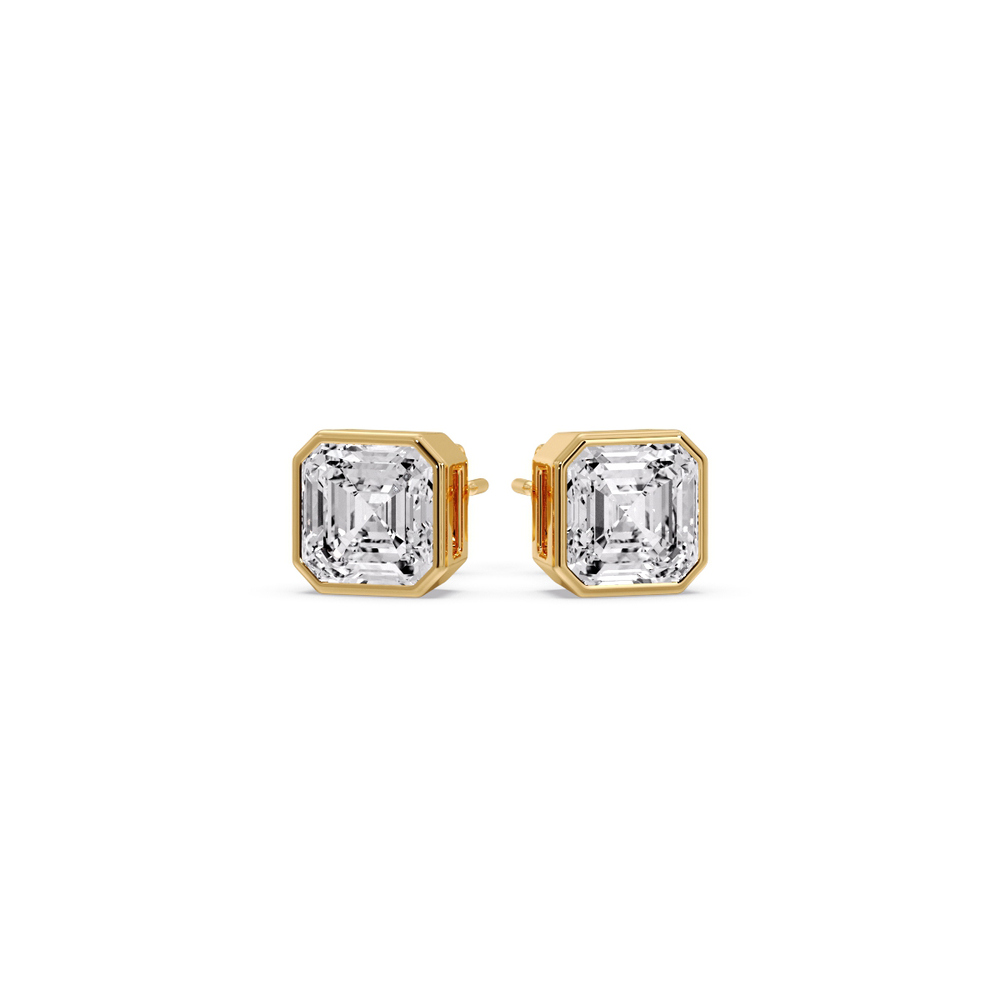 One Carat Asscher Cut Diamond Bezel Stud Earring with 14K Yellow Gold White Diamond